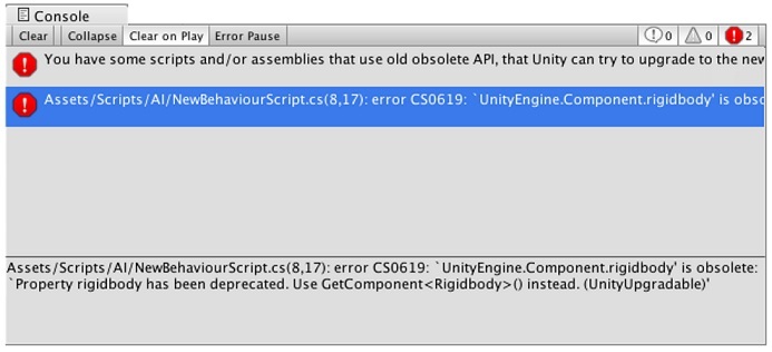 slika Unity Console prozora
