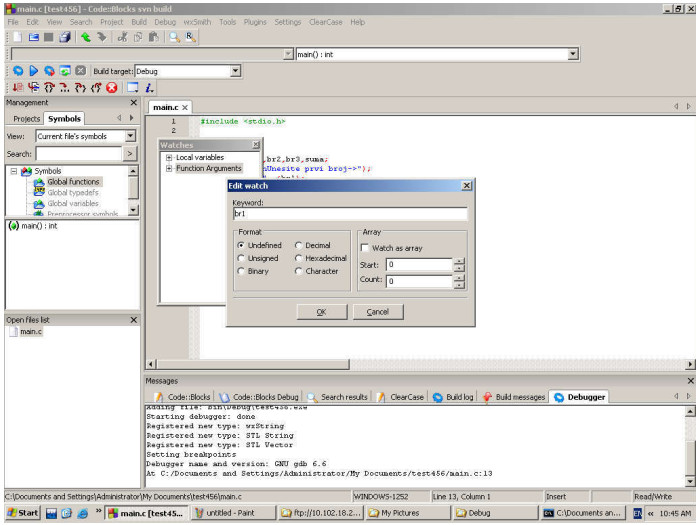 praćenej promenljivih u watch prozoru