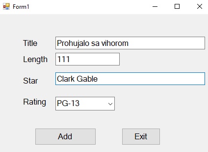 Title, txtTitle, ispod: Length txtLength, ispod Star txtStar, ispod Rating cmbRating, ispod btnAdd i btnExit