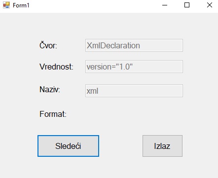 slika forme: čvor i txtNode, ispod Vrednost: txtValue, ispod Naziv: txtName, ispod Format:, ispod dugme Sledeći i Izlaz